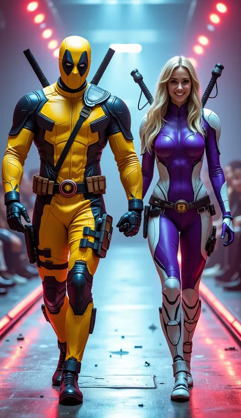 character: 1 man with mask full head wearing futuristic Bright yellow Deadpool body suit with silver armor futuristic blue accents , and 1 woman blonde hair Long Wearing futuristic purple Deadpool body suit with white armor futuristic blue accents. Europe...