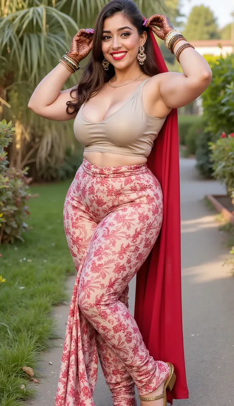FULL BODY , in MEHANDI HENNA  ON BOTH HANDS AND LEGS,  nauvari saree,Indian hosewife In Veil , showing her deep showing cleavage inside sleeveless blouse and big Nose Ring, many bangles in both hands,Earings, Necklace ,dark shade Lipstick , showing long le...