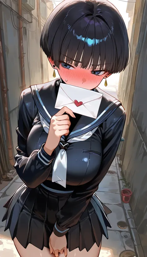(beautiful girl : 1.3),1 girl,(black sailor suit,turtleneck,long sleeve,pleated skirt,earrings),dark haired,Bowl Cut,Stunning,Astonishment,embarrassed,Love Letter,Alley,In the shade,masterpiece,Highest Quality,Rich Contrasts,High Definition,8k,High Definition CG Unit Wallpaper,Textures,Incredibly Absurd,RAW pictures,Deep Border 1 .2,very detailed