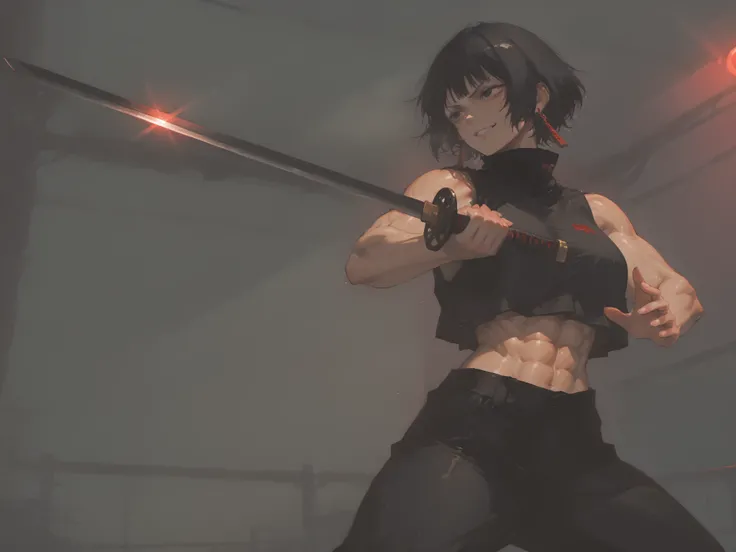 1girl, kagari hiyuki (kagurabachi), black hair, short hair, black eyes, big eyes, evil grin, long red earrings, black turtleneck, crop top overhang, black trousers, muscular, abs, cinematic angle, cinematic pose, fighting stance, (perfect hands:1.0),(maste...