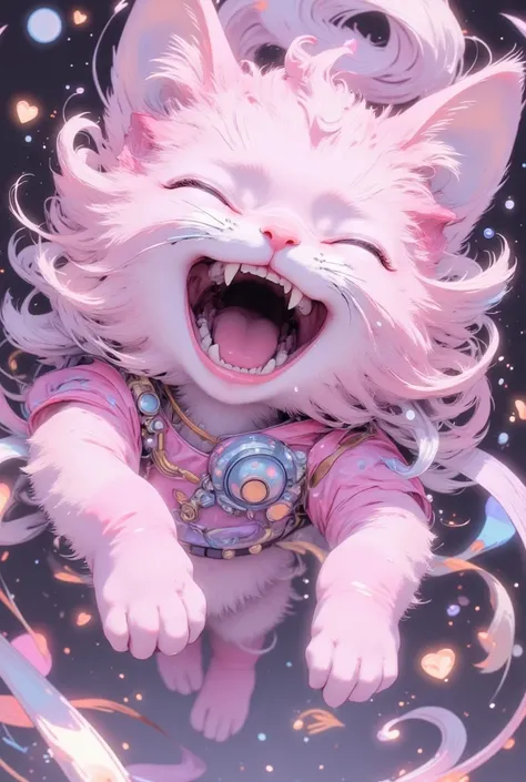 Top view, profile, (((side view))), from side, Long-haired light pink cat jumping toward camera. close up shot : 1.6, smile, laughing, (((squinting))), happy, (((open mouth))), Camera perspective is centered on cute pink nose of light pink cat, cute pink nose of light pink cat, light blue eyes, blurred background, cute heart shaped effect, gives depth and openness to scene, depth of field, high resolution, masterpiece, accurate, top quality, high res. model, high detail, beautiful detail, high resolution, 32K, realistic rendering, ultra realistic detail, jima, colorful and beautifully lit, fantasy wonderland world view, various iridescent misty glitter effects, bailing_fire, 