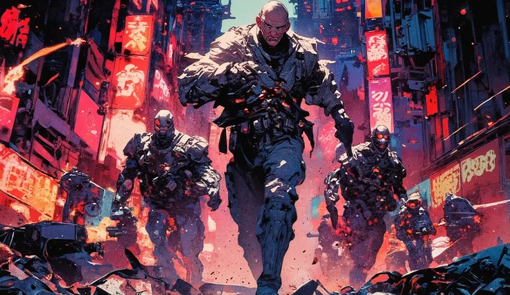 action scene, dynamic framing man running and shooting at several cyborgs, robots in police clothing