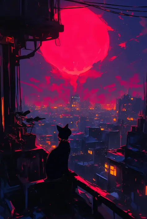 The image depicts a serene urban scene at dusk or night, with a large red moon dominating the sky. The moon is surrounded by dramatic clouds, casting a reddish hue over the cityscape. In the foreground, there is a silhouette of a cat sitting on a balcony, ...