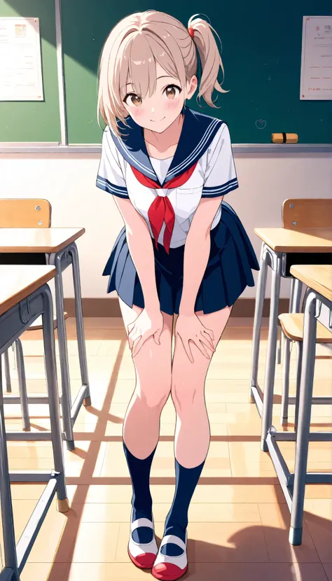 ultra detailed, best quality, insanely detailed, beautiful, masterpiece, 
looking at viewer, full body, 1 girl, 99mix, 
medium short hair, side ponytail, light brown hair, brown eyes, 
school uniforms, navy socks, 
summer, daytime, (school classroom:1.2), ...