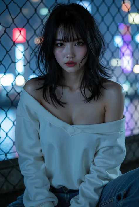   Woman 1 、    beautiful 白い肌 、  Big breasts、 Disconnect (Year )exposed、 23 year old girl  ,    beautiful ,   Wave Hair,   Almond Eye ,   makeup, white sweat  shirt, too big_  shirt,     sweatpants   , In front of the fence,  Night City ,   cyberpunk atmosp...
