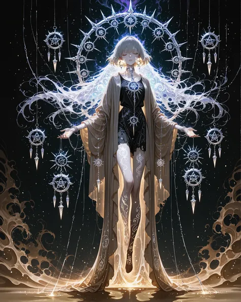 Masterpiece, natural lighting, night, perfect shadows, ray tracing, detailed image, perfect human anatomy, ethereal androgynous being wearing long flowing translucent veils, layered robes floating, porcelain pale skin with a bluish tint, closed eyes with ...