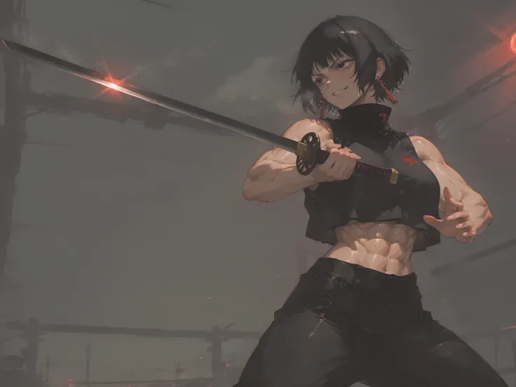 1girl, kagari hiyuki (kagurabachi), black hair, short hair, black eyes, big eyes, evil grin, long red earrings, black turtleneck, crop top overhang, black trousers, muscular, abs, cinematic angle, cinematic pose, fighting stance, (perfect hands:1.0),(maste...