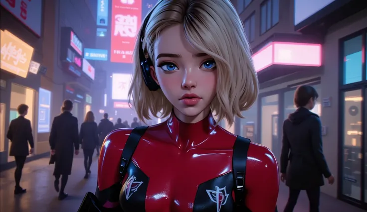 cyberpunk anime,  stunning Japanese woman in red and black sci-fi power armor, headphones, dark eye makeup , , holding an assault rifle on Cyberpunk Street at night , Neon sign and advertisement, bokeh, Seitenbeleuchtung