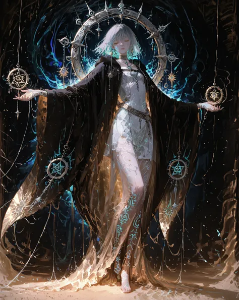 Masterpiece, natural lighting, night, perfect shadows, ray tracing, detailed image, perfect human anatomy, ethereal androgynous being wearing long flowing translucent veils, layered robes floating, porcelain pale skin with a bluish tint, closed eyes with ...