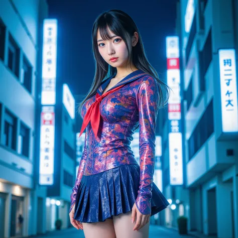 super detail with face facing up, masterpiece, Ultra Fine,, High Quality, Photo-like Clarity, (Latex Blue Purple Pink Orange Red Rubber Costume), (Sailor Suit Combining Costume:1.10), (Extremely Tight and Designed to Highlight the Bust:1.5), Mini Pleated S...