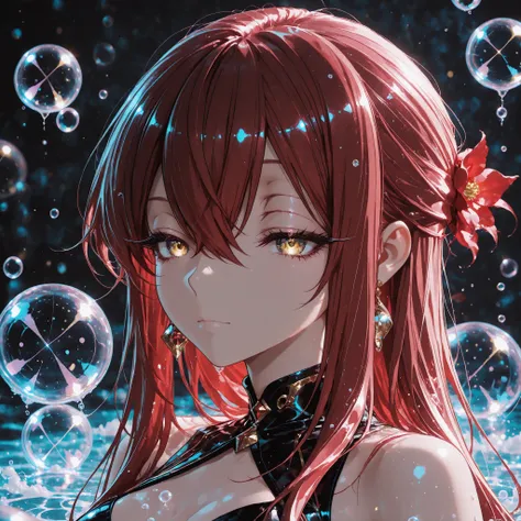 1 girl , golden eyes , very long hair , long sidelocks, red hair ,half updo, petite , very cute , beautiful ,Straight hair, cool, handsome, hair between eyes, sexy, medium breasts , water, bubbles, backlighting, dark, face focus, closed up, head shot, flow...