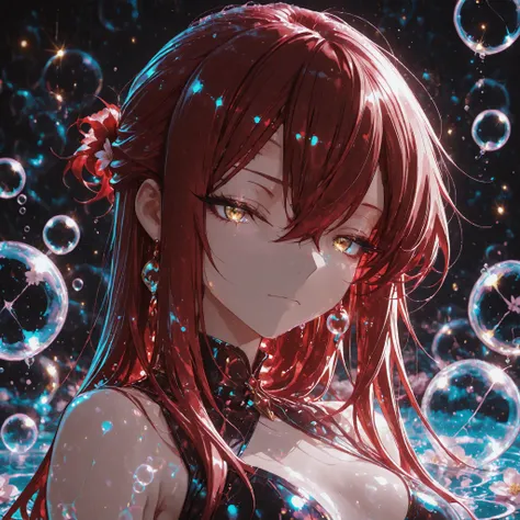 1 girl , golden eyes , very long hair , long sidelocks, red hair ,half updo, petite , very cute , beautiful ,Straight hair, cool, handsome, hair between eyes, sexy, medium breasts , water, bubbles, backlighting, dark, face focus, closed up, head shot, flow...