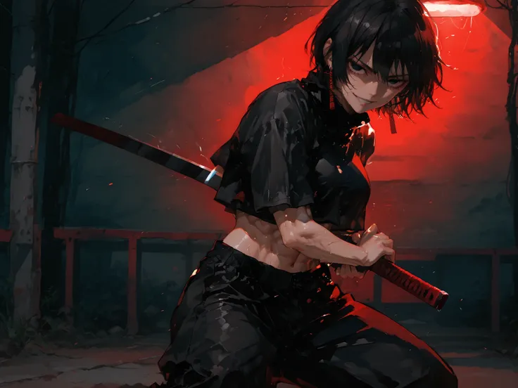 1girl, kagari hiyuki (kagurabachi), black hair, short hair, black eyes, big eyes, evil grin, long red earrings, black turtleneck, crop top overhang, black trousers, muscular, abs, cinematic angle, cinematic pose, fighting stance, (perfect hands:1.0),(maste...
