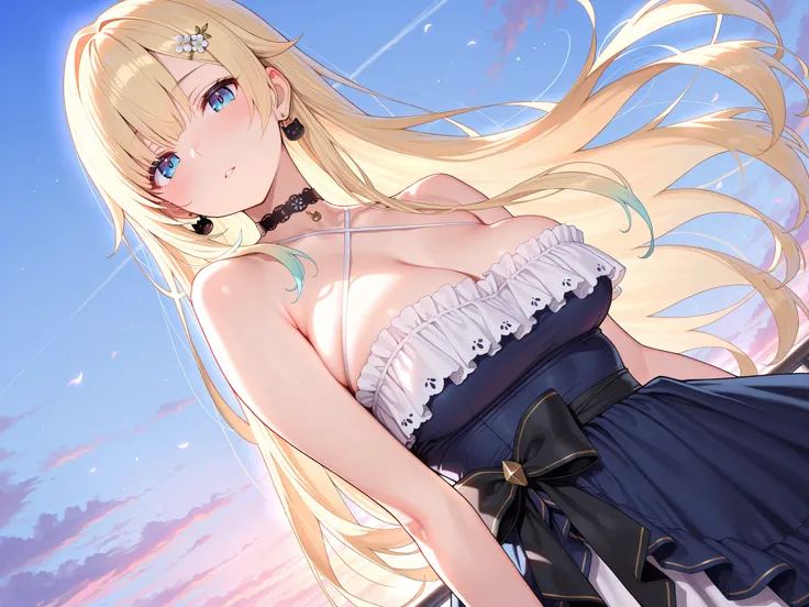 solo,masterpiece,best quality, amazing quality, highres, absurdres, very aesthetic, high resolution, ultra detailed, perfect details,EmaDefault, long hair, hair ornament, cat earrings, choker, strapless layered dress, criss-cross halter,waist bow,,(masterp...