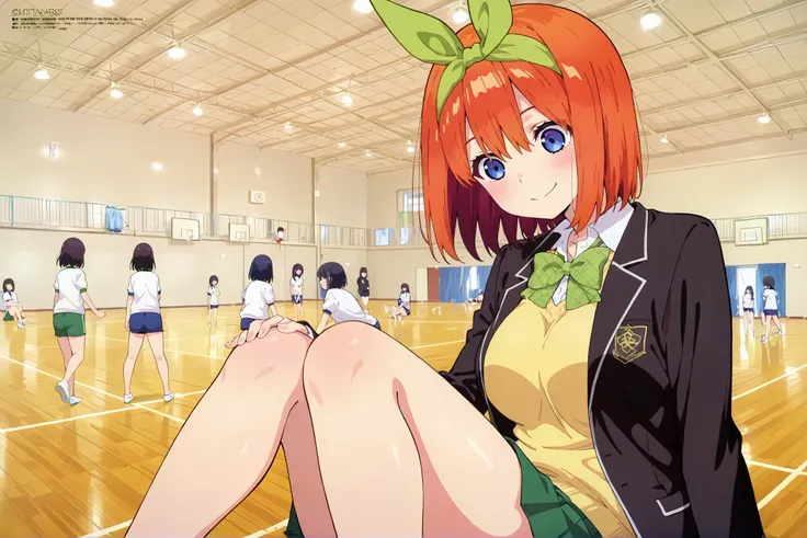 1girl,unwellness depressed y0tsuba, large breasts, orange hair, blue eyes, short hair, hair between eyes green bow hairband, black blazer, open blazer, yellow sweater vest, white collared shirt, bowtie, plaid bowtie, green skirt, pleated skirt,large breast...