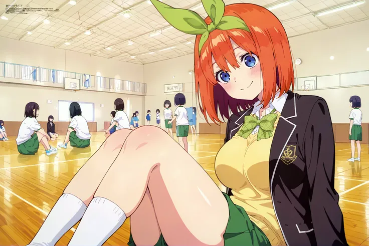 1girl,unwellness depressed y0tsuba, large breasts, orange hair, blue eyes, short hair, hair between eyes green bow hairband, black blazer, open blazer, yellow sweater vest, white collared shirt, bowtie, plaid bowtie, green skirt, pleated skirt,large breast...
