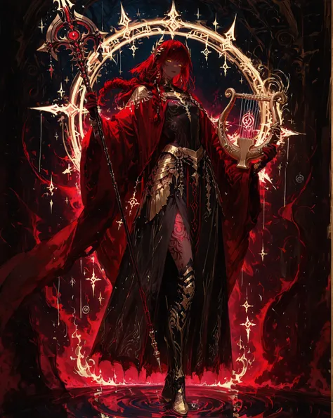 Masterpiece, natural lighting, night, perfect shadows, ray tracing, detailed image, perfect human anatomy, androgynous figure with strong biophysique, large, muscular, with a calm and solemn presence, dark skin marked by glowing golden spiral tattoos, half...