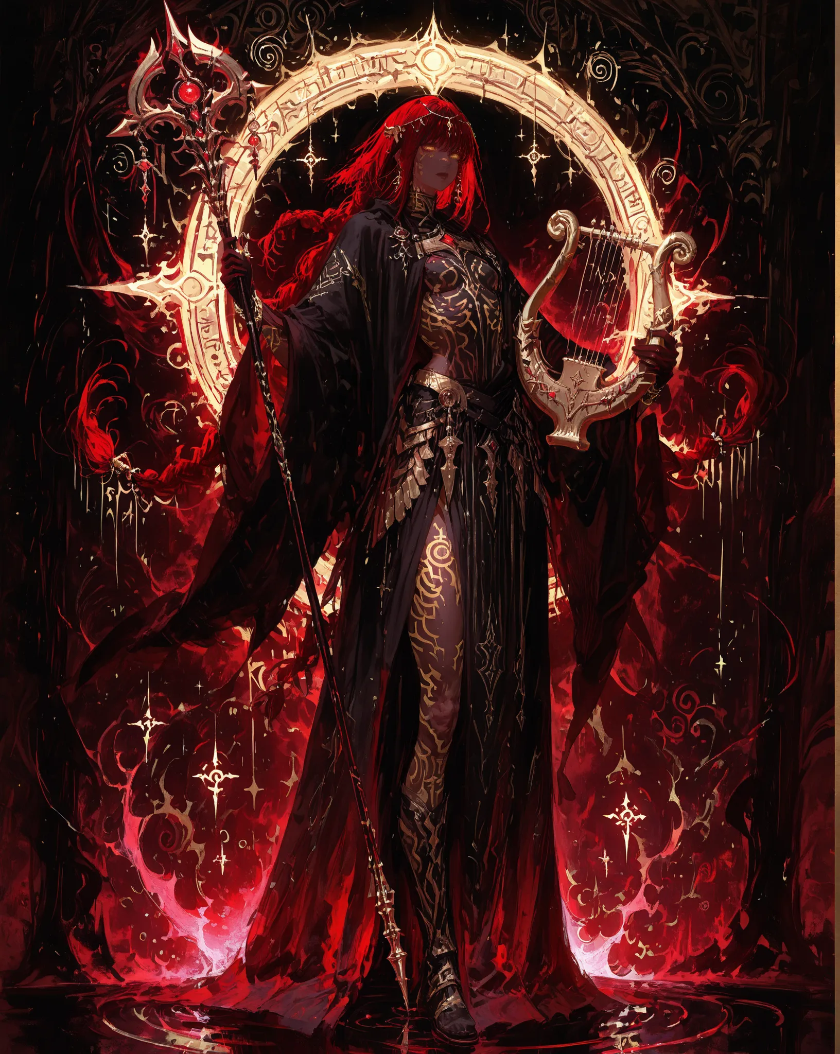 Masterpiece, natural lighting, night, perfect shadows, ray tracing, detailed image, perfect human anatomy, androgynous figure with strong biophysique, large, muscular, with a calm and solemn presence, dark skin marked by glowing golden spiral tattoos, half...