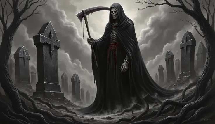 Grim Reaper, cemetery background, high detail, masterpiece. background, high detail, masterpiece.