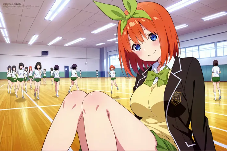 1girl,unwellness depressed y0tsuba, large breasts, orange hair, blue eyes, short hair, hair between eyes green bow hairband, black blazer, open blazer, yellow sweater vest, white collared shirt, bowtie, plaid bowtie, green skirt, pleated skirt,large breast...
