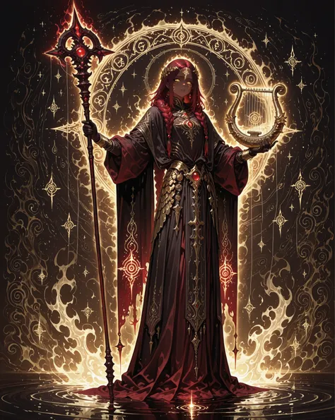 Masterpiece, natural lighting, night, perfect shadows, ray tracing, detailed image, perfect human anatomy, androgynous figure with strong biophysique, large, muscular, with a calm and solemn presence, dark skin marked by glowing golden spiral tattoos, half...