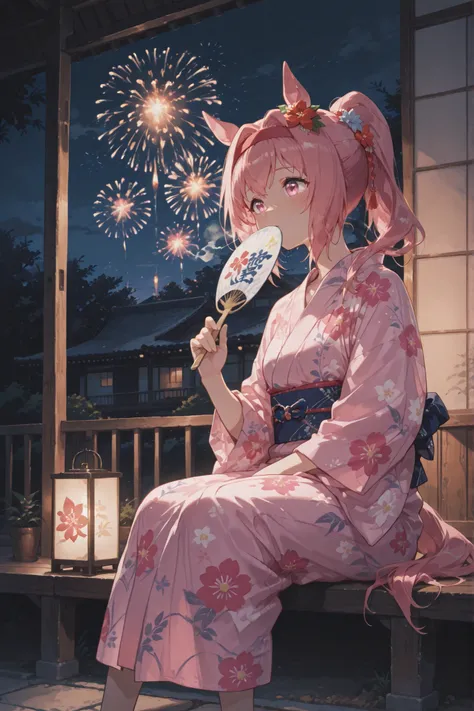 haru urara (umamusume), sitting on the engawa of a traditional Japanese house at night, wearing a pink yukata, her hair tied up with a hair accessory, holding a uchiwa fan in one hand, a mosquito coil burning nearby with a faint smoke trail, watching firew...