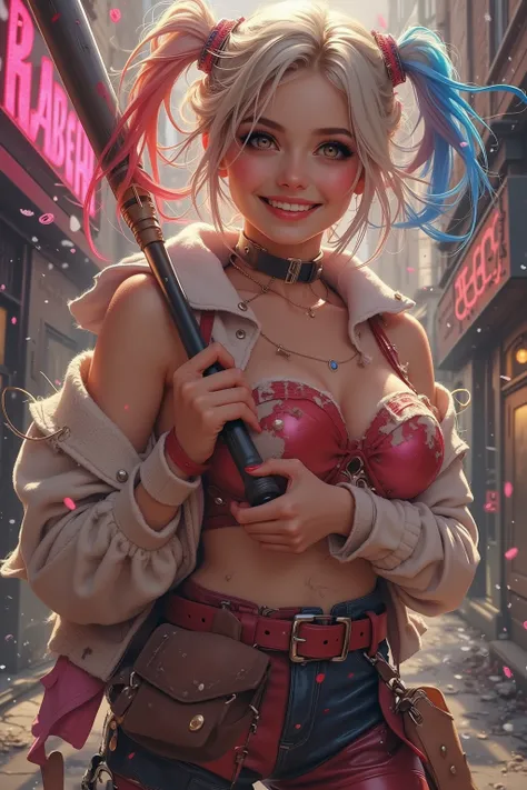 rainbow-colored two-pronged hair,Woman holding a baseball bat,Harley Quinn style tight and colorful leather clothes,playful expression,Gotham City background,Detailed description ,ultra high definition,Professional level,Realistic,High quality illustration,Shining Colors,rich description,dramatic lighting,gothic style,4K,HDR,UHD,vibrant colors,fine texture,is anatomically accurate,Accurate finger count,5 fingers on one hand