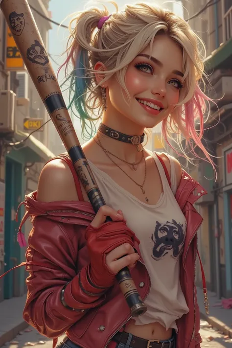 rainbow-colored two-pronged hair,Woman holding a baseball bat,Harley Quinn style tight and colorful leather clothes,playful expression,Gotham City background,Detailed description ,ultra high definition,Professional level,Realistic,High quality illustration,Shining Colors,rich description,dramatic lighting,gothic style,4K,HDR,UHD,vibrant colors,fine texture,is anatomically accurate,Accurate finger count,5 fingers on one hand