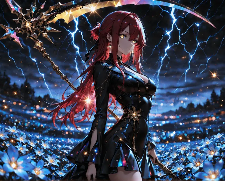 1 girl , golden eyes , very long hair , long sidelocks, red hair ,half updo, petite , very cute , beautiful ,Straight hair, cool, handsome, hair between eyes, sexy, medium breasts, flowery hair, holding a large Scythe, standing next to neon flower, solo, d...
