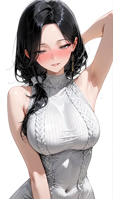 top quality, masterpiece, ultra-precise, ((top quality, masterpiece:1.3)), (sharp focus:1.2), (A beautiful, mature woman with a perfect body, seductive), (갈색 눈), (선명한 눈매), (긴 머리 스타일, 연한 갈색 머리, no bangs, 이마), (Sleeveless long one-piece dress in tight knit m...