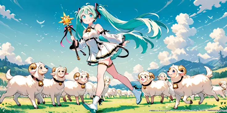 (masterpiece、Highest Quality、Highest Quality、official art、Beautifully beautiful:1.2)、(1 person under the sun:1.3)Hatsune Miku、 light green twin tails,beautiful breasts,Shepherd dog chasing sheep flock、Sheep are wearing cowbells、牧羊犬を追いかけるHatsune Miku、ディムニのつ...