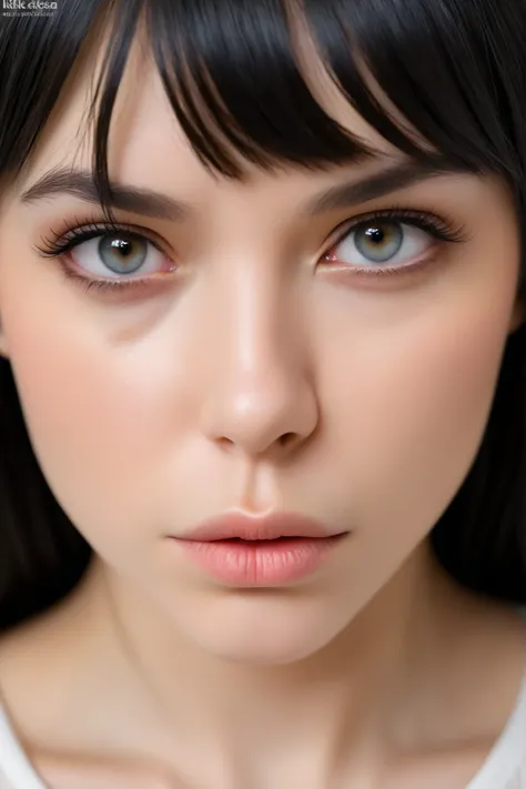 High quality, 8K Ultra HD Close-up of the face of a young and very beautiful woman. She has long, straight, deep black hair, with straight bangs over her forehead. Her nose is perfectly proportioned, her eyes are large and almond-shaped, with a penetrating...