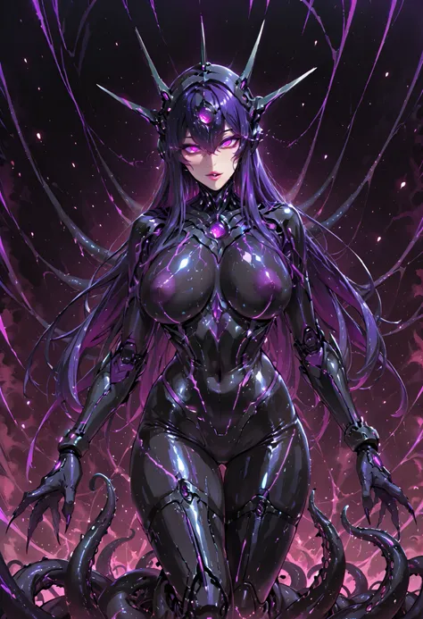 Kaijin Girl. Mechanical head. Metallic skin. Pink lips. Mechanical eyes. Wide eyes. Glowing purple eyes. Glossy. Black body. Purple lines all over the body. Sharp claws. Pert breasts. Slender waist. Thighs. Black tentacles. Spiky. Studs. Biological lumines...