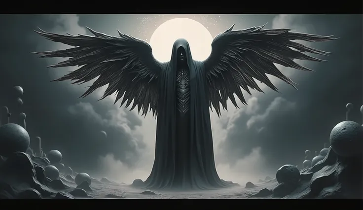 Abstract Grim Reaper, full body, at a distance, beautiful, ethereal lighting, large abstract wings, detailed, full body, high detail, masterpiece.