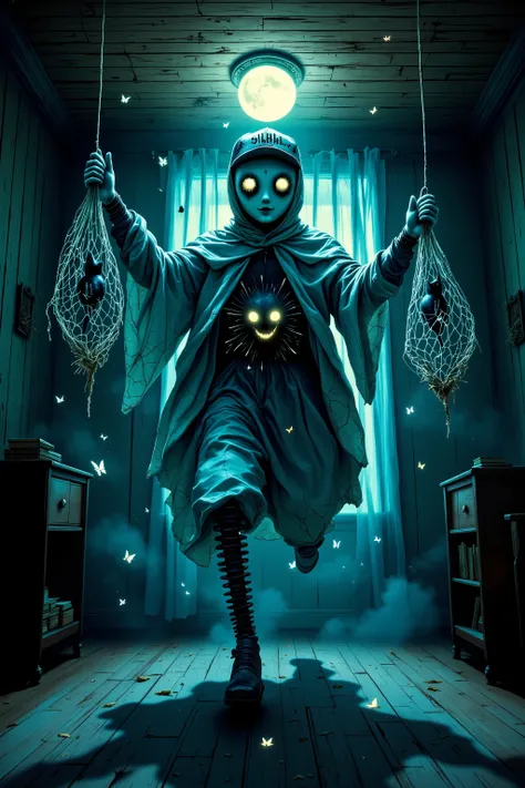 surreal fantasy illustration. In inverted dream-room with wooden ceiling floor and walls breathing slightly. Porcelain puppet  with cracked mask-like face and mirror eyes runs on ceiling holding two-handmade nets made of shadows. Net captures nightmare — b...