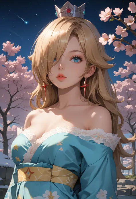 1 girl, mature appearance, long hair, blonde hair hair, crown on head, big blue eyes, highly detailed face, glossy detailed lips, bangs over one eye, eyeshadow, medium sized breasts, cleaveage, exposed shoulders, collarbone, highly detailed clothing, japan...