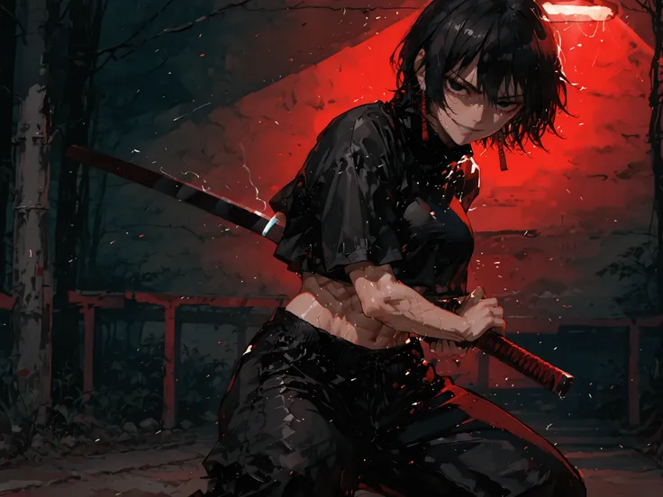 1girl, kagari hiyuki (kagurabachi), black hair, short hair, black eyes, big eyes, evil grin, long red earrings, black turtleneck, crop top overhang, black trousers, muscular, abs, cinematic angle, cinematic pose, fighting stance, (perfect hands:1.0),(maste...