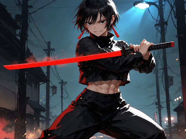 1girl, kagari hiyuki (kagurabachi), black hair, short hair, black eyes, big eyes, evil grin, long red earrings, black turtleneck, crop top overhang, black trousers, muscular, abs, cinematic angle, cinematic pose, fighting stance, (perfect hands:1.0),(maste...