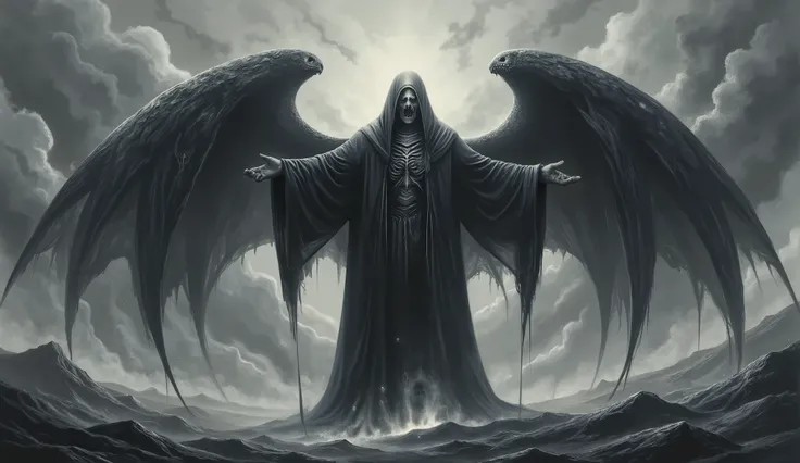 Abstract Grim Reaper, full body, at a distance, beautiful, ethereal lighting, large abstract wings, detailed, full body, high detail, masterpiece.
