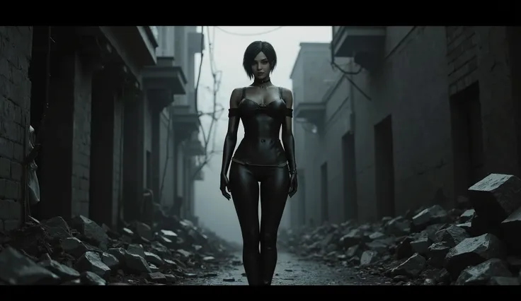 Resident Evil, Ada Wong, big breasts, perfect breasts, perfect body, dilapidated city, Apocalyptic, dark alley background, high detail, masterpiece.