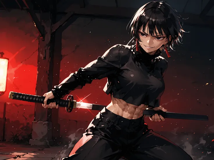 1girl, kagari hiyuki (kagurabachi), black hair, short hair, black eyes, big eyes, evil grin, long red earrings, black turtleneck, crop top overhang, black trousers, muscular, abs, cinematic angle, cinematic pose, fighting stance, (perfect hands:1.0),(maste...