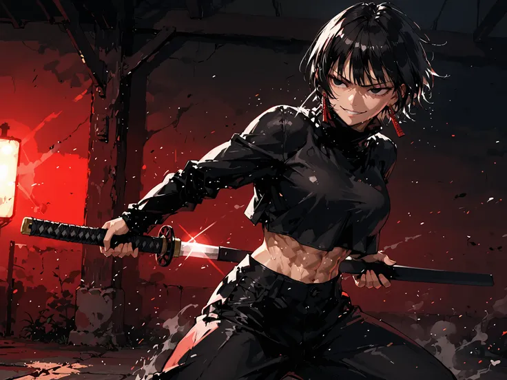 1girl, kagari hiyuki (kagurabachi), black hair, short hair, black eyes, big eyes, evil grin, long red earrings, black turtleneck, crop top overhang, black trousers, muscular, abs, cinematic angle, cinematic pose, fighting stance, (perfect hands:1.0),(maste...