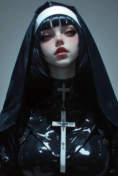 (1 girl, black french bob haircut, ,,, nun outfit, oily skin, blush,wet skin, Jenny Kim , black lips, décolleté, big breasts
