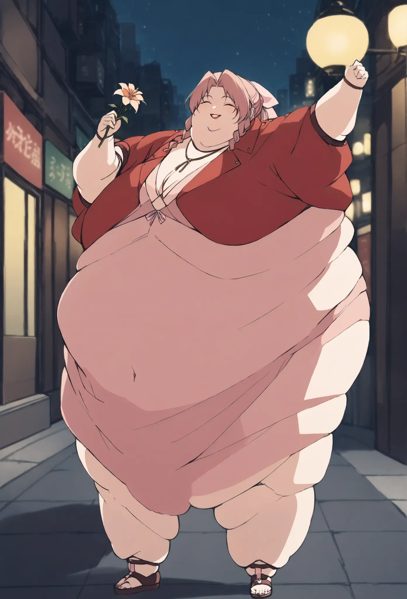 masterpiece, best quality, 1girl, anime style, pastel colors  defaerith, braided ponytail, pink hair bow, choker, necklace, cropped jacket, red jacket, short sleeves, pink dress, closed eyes, smile, holding yellow flower, city street, night, full body