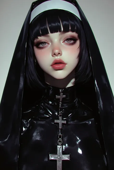 (1 girl, black french bob haircut, ,,, nun outfit, oily skin, blush,wet skin, Jenny Kim , black lips, décolleté, big breasts