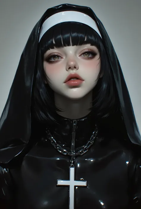 (1 girl, black french bob haircut, ,,, nun outfit, oily skin, blush,wet skin, Jenny Kim , black lips, décolleté, big breasts