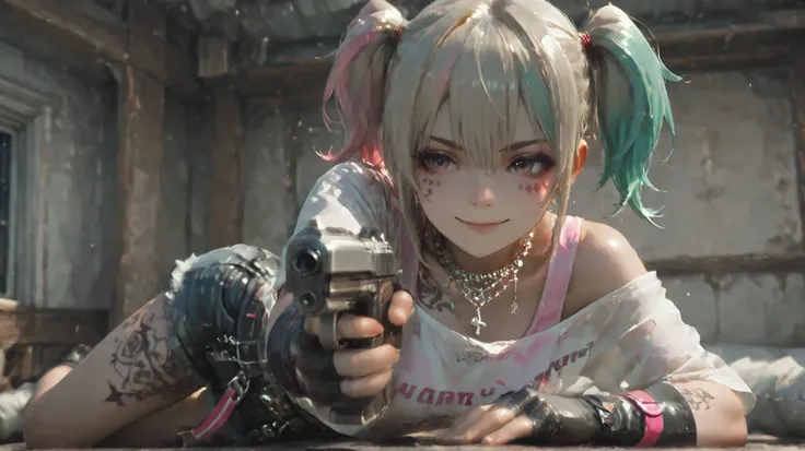 score_9, score_8_up , score_7_up , score_6_up , score_5_up , score_4_up ,4K,8k,1girl, harleyqaf, twintails, multicolored hair, blonde hair, pink hair, green hair, facial tattoo, leg tattoos,necklace, pink tank top, see-through white shirt, long fingerless ...