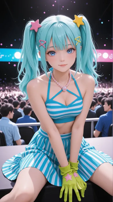 score_9, score_8_up , score_7_up , score_9,Score_9, Score_8_up , Score_7_up ,A lively anime cosplayer with light blue twin tails adorned by yellow star hairpins strikes a playful sitting pose, her sparkling blue eyes accentuated by a pink pearl necklace. S...