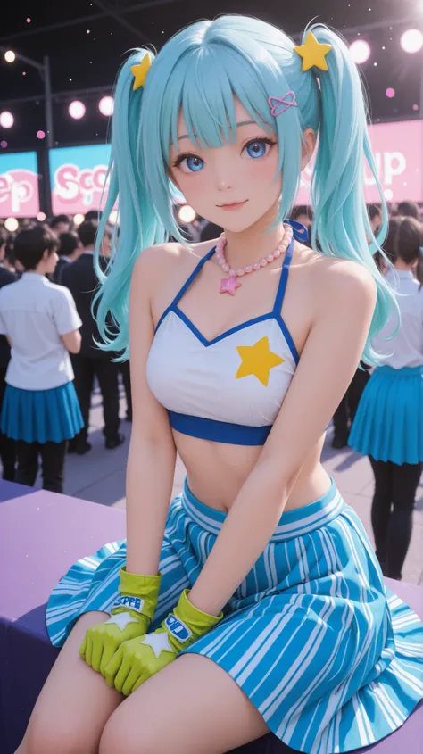 score_9, score_8_up , score_7_up , score_9,Score_9, Score_8_up , Score_7_up ,A lively anime cosplayer with light blue twin tails adorned by yellow star hairpins strikes a playful sitting pose, her sparkling blue eyes accentuated by a pink pearl necklace. S...