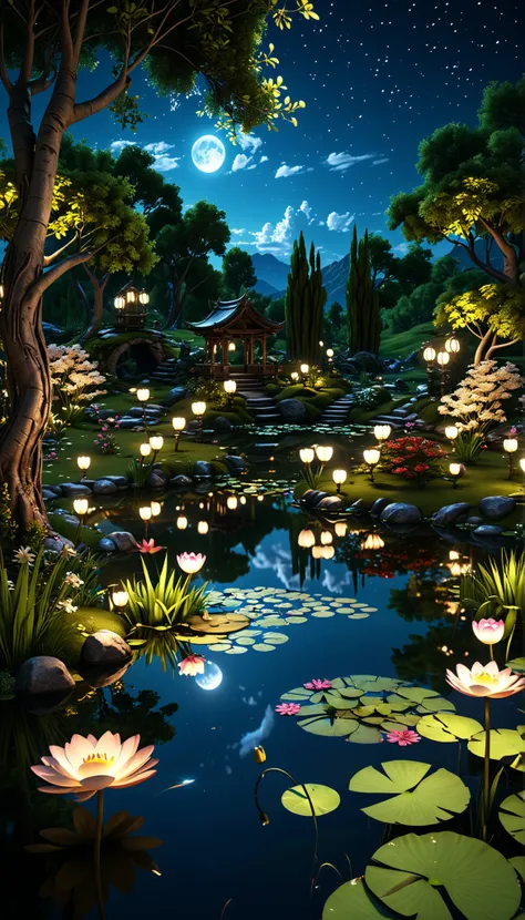 masterpiece, best quality, Extremely detailed CG unified 8k wallpaper, There is a magical pond at night, meticulous, movie lighting, high resolution, 12k,3d

